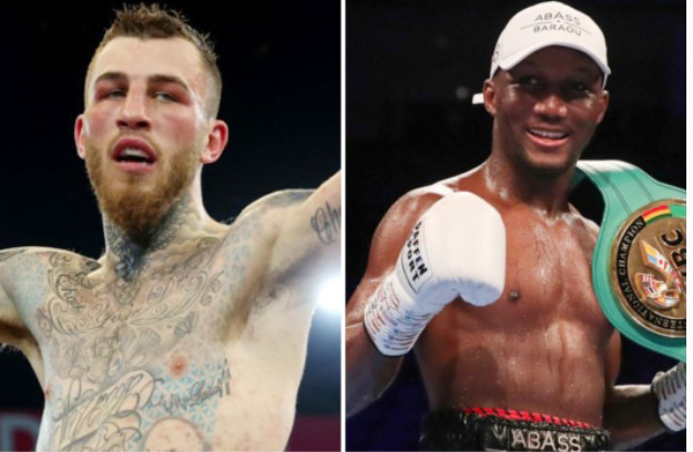 Two men with tattoos, one wearing a boxing belt. Abass Baraou Vs Sam Eggington Boxing live.
